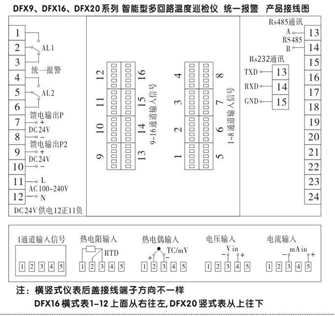 智能溫度巡檢儀，DFX16液晶溫度巡檢儀，多回路巡檢控制儀接線方式3
